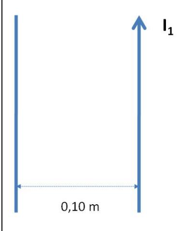 Diagrama de dos conductores paralelos separados 0,10 m con corriente I1