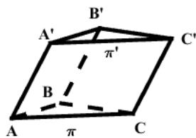 Diagrama de un prisma triangular con vértices etiquetados A, B, C en la base inferior (plano pi) y A', B', C' en la base superior (plano pi').