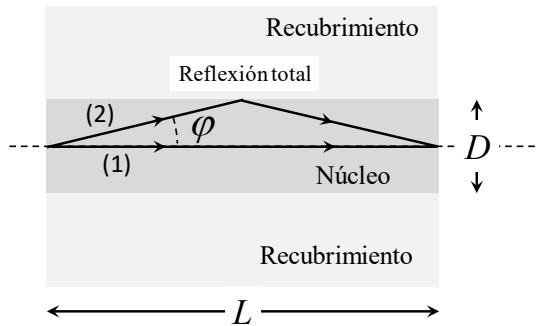 Esquema de una fibra óptica mostrando el núcleo de diámetro D, el recubrimiento y la trayectoria de los rayos (1) y (2) con ángulo phi.
