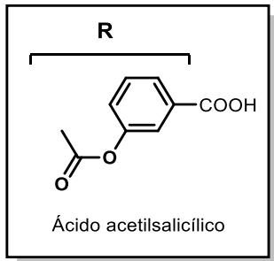 Estructura química del ácido acetilsalicílico con el grupo R indicado.
