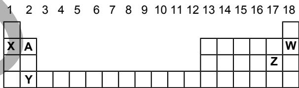 Fragmento de la tabla periódica con elementos marcados como X, A, Y, Z, W en sus respectivos grupos y periodos.