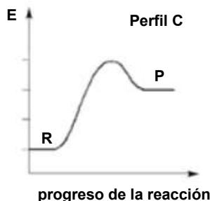 Perfil C: Diagrama de energía frente al progreso de la reacción mostrando una reacción endotérmica con energía de activación moderada.