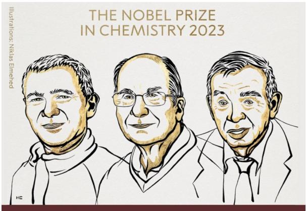 Retratos de Moungi G. Bawendi, Louis E. Brus y Alexei I. Ekimov, Premios Nobel de Química 2023.