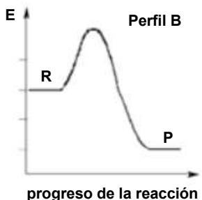 Perfil B: Diagrama de energía frente al progreso de la reacción mostrando una reacción exotérmica con alta energía de activación.