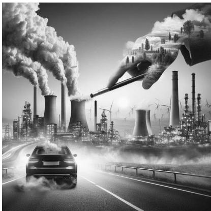 Ilustración artística de emisiones industriales y de vehículos transformándose en un paisaje natural