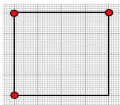 Tres cargas puntuales rojas situadas en los vértices de un cuadrado sobre una cuadrícula.