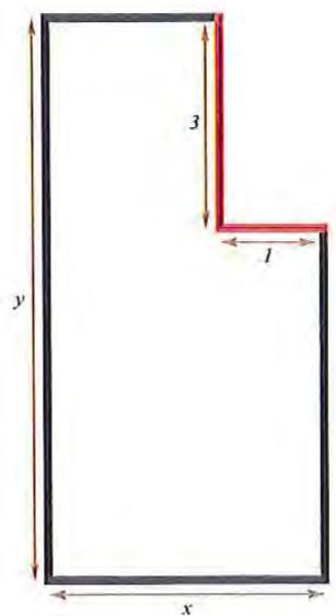 Plano de la planta de la casa con dimensiones x, y y muros de 1 y 3 metros