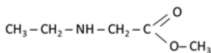 Estructura química de un aminoéster (2-(etilamino)acetato de metilo).