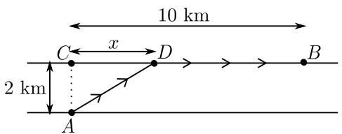 Diagrama del recorrido del triatleta cruzando el canal desde A hasta D y corriendo hasta B, con distancias indicadas de 2 km de ancho y 10 km totales en la orilla opuesta.