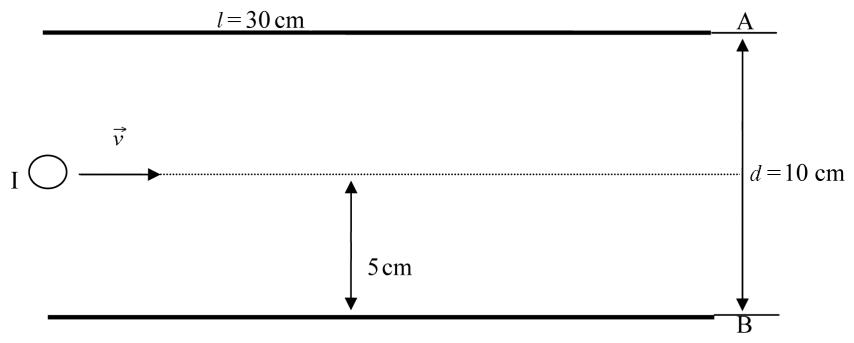 Esquema de las placas conductoras con longitud l=30 cm, separación d=10 cm y posición de entrada I a 5 cm de la placa inferior.