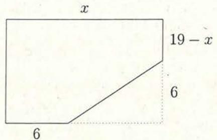 Polígono irregular con dimensiones marcadas: base superior x, lado derecho superior 19-x, lado derecho inferior 6, y base inferior con un segmento de longitud 6.