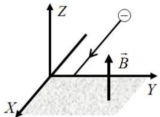Esquema de una partícula negativa entrando en un campo magnético B en el plano XY