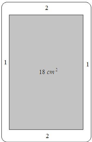 Esquema de un smartphone con pantalla central de 18 cm^2 y márgenes indicados (2 arriba/abajo, 1 a los lados).