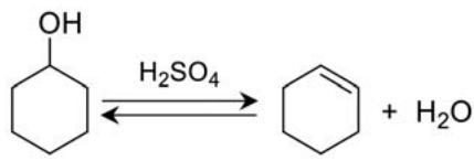 Esquema de la reacción de equilibrio entre el ciclohexanol y el ciclohexeno más agua, catalizada por ácido sulfúrico.