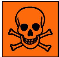Pictograma de peligro con una calavera y dos tibias cruzadas sobre fondo naranja.