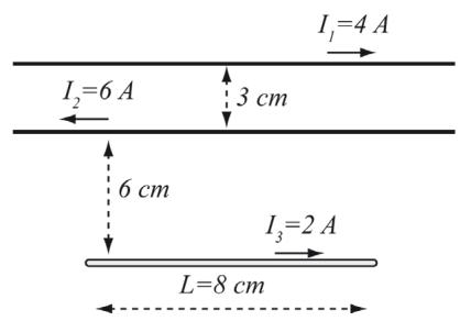 Tres conductores paralelos: I1 e I2 separados 3cm, e I3 a 6cm de I2. I1 e I3 van a la derecha, I2 a la izquierda.