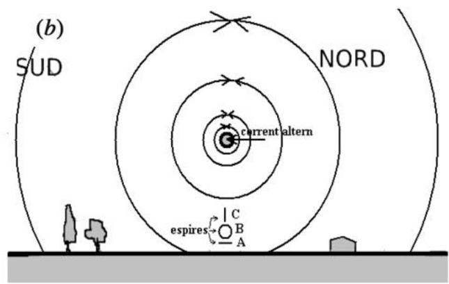 Figura (b): Esquema de líneas de campo magnético circular alrededor de un cable de corriente alterna y tres espiras A, B y C.