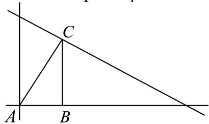 Triángulo rectángulo ABC en el primer cuadrante con A en el origen, B en el eje x y C sobre una recta de pendiente negativa.