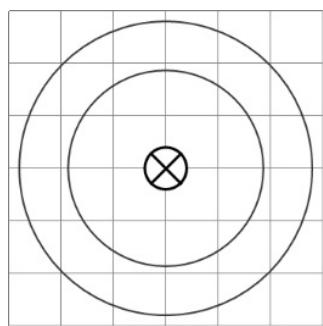 Dos espiras circulares concéntricas con un símbolo de aspa en el centro indicando campo magnético entrante.