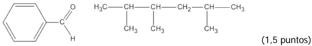 Estructuras químicas orgánicas: benzaldehído y 2,3,5-trimetilhexano.