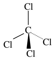 Representación tridimensional de la molécula de tetracloruro de carbono (CCl4) con ángulos de enlace de 109,5º.