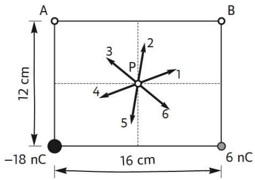 Distribución de cargas de -18 nC y 6 nC en un rectángulo con puntos A, B y P marcados.