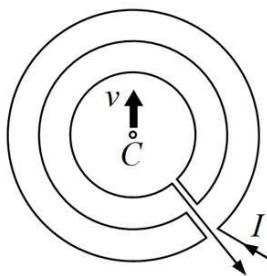 Diagrama de tres espiras concéntricas con indicación del centro C, la dirección de la corriente I y un vector velocidad v.
