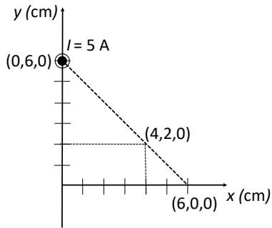 Diagrama en el plano xy mostrando la posición del hilo en (0,6,0) y el punto de cálculo (4,2,0)
