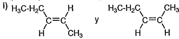 Estructuras de isómeros geométricos del 2-penteno (cis y trans).
