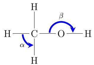 Fórmula estructural del metanol indicando los ángulos alfa (H-C-H) y beta (C-O-H)