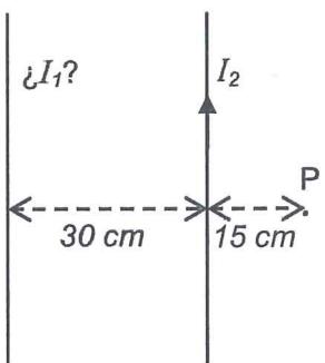 Diagrama de dos conductores paralelos separados 30 cm con un punto P a 15 cm a la derecha del segundo conductor.