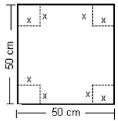 Esquema de una cartulina cuadrada de 50 cm de lado con recortes cuadrados de lado x en las esquinas para formar una caja.