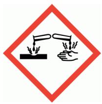 Pictograma de seguridad que muestra una sustancia vertida sobre una superficie y una mano, indicando corrosión.