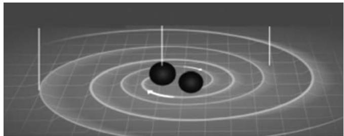 Representación artística de la colisión de dos agujeros negros generando ondas gravitatorias