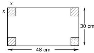 Esquema de la plancha de cartón rectangular con los recortes cuadrados de lado x en las esquinas y dimensiones 48 cm por 30 cm.