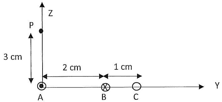 Disposición de los conductores A, B y C en el eje Y con el punto P en el eje Z