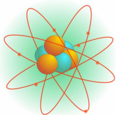 Representación esquemática de un átomo con núcleo y electrones en órbitas.