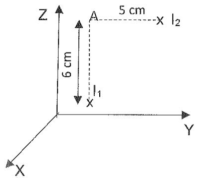 Diagrama de dos hilos conductores I1 e I2 en un sistema de coordenadas XYZ, formando un rectángulo de 6 cm por 5 cm con el punto A.