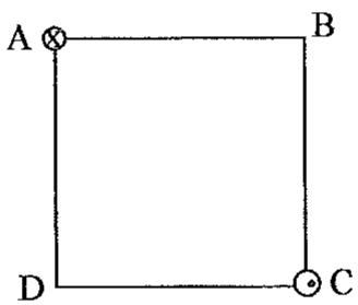 Esquema de un cuadrado con vértices A, B, C, D y corrientes en A (entrante) y C (saliente).