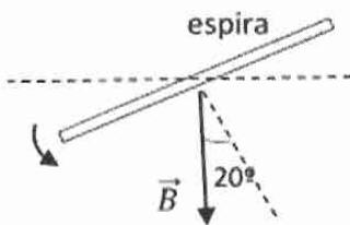 Espira circular inclinada 20 grados respecto a un campo magnético B vertical.