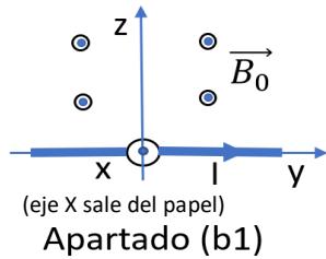 Esquema del apartado (b1) con el hilo en el eje Y y campo B0 en el eje X.