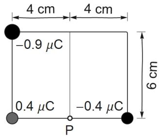 Distribución de tres cargas en un rectángulo de 8 cm x 6 cm con el punto P en el centro del lado inferior. Las cargas son -0,9 µC, 0,4 µC y -0,4 µC.