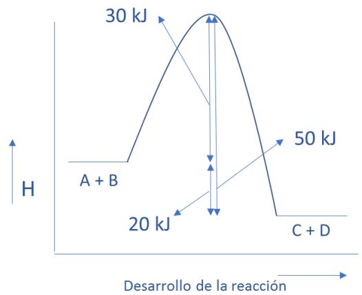Diagrama de entalpía (H) frente al desarrollo de la reacción, mostrando las energías de activación directa (30 kJ) e inversa (50 kJ) y la diferencia de entalpía (20 kJ).