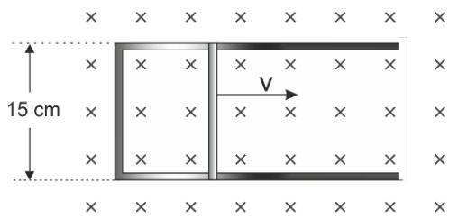 Esquema de una espira rectangular con un lado móvil de 15 cm de longitud desplazándose con velocidad v en un campo magnético uniforme entrante al plano (representado por cruces).
