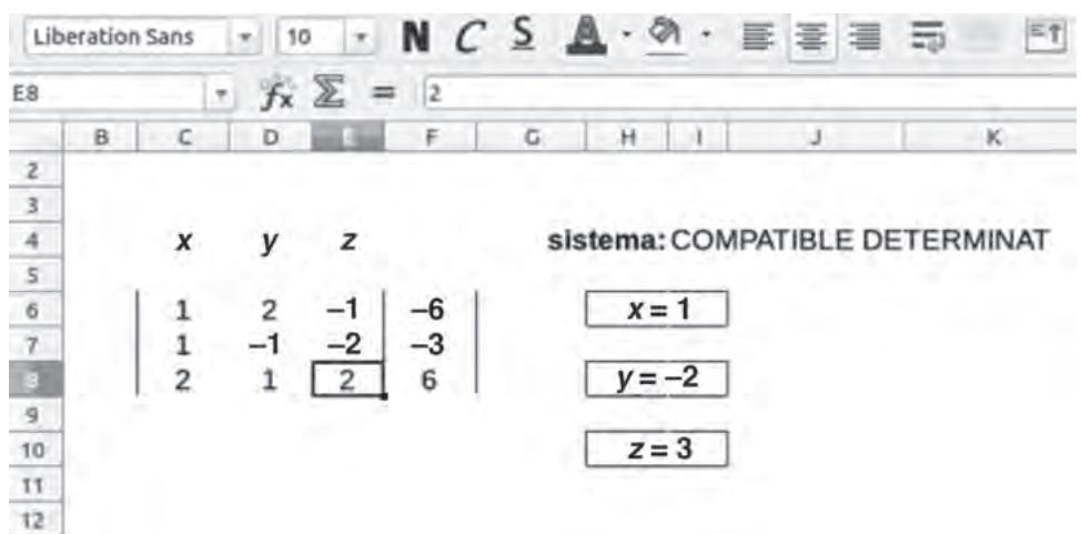 Hoja de cálculo con una matriz de coeficientes y términos independientes para un sistema de ecuaciones, mostrando la solución x=1, y=-2, z=3.
