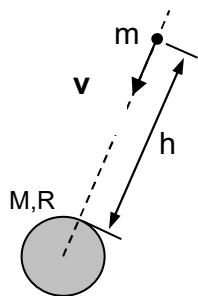 Diagrama de un objeto de masa m cayendo hacia un planeta de masa M y radio R desde una altura h con velocidad v.