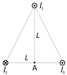 Esquema de tres conductores en los vértices de un triángulo isósceles con corrientes I1, I2 e I3 y punto A en la base.
