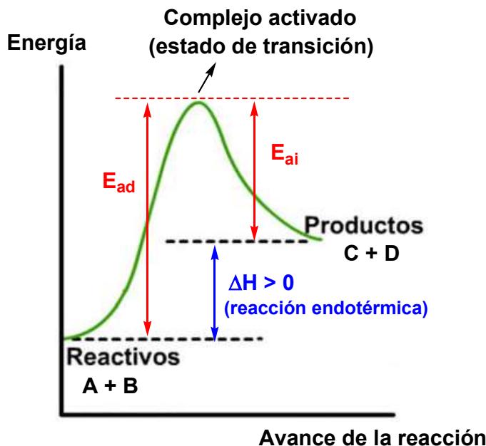 Diagrama de energía frente a avance de reacción para una reacción endotérmica