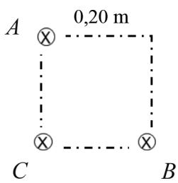 Esquema de tres conductores A, B y C en los vértices de un cuadrado de lado 0,20 m.