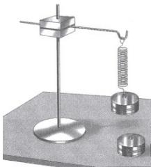 Montaje experimental de un resorte con una masa colgada de un soporte.